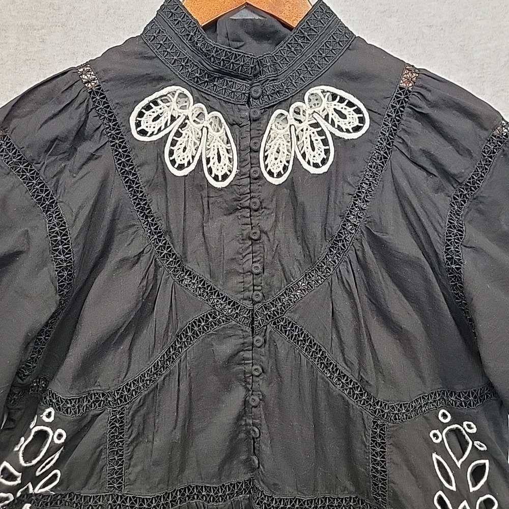 Forever That Girl Anthropologie Black Blouse Top With Lace Embroidery Boho XS - Picture 4 of 11